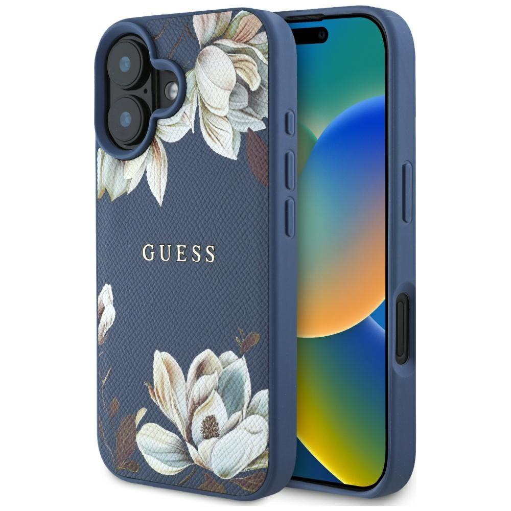Pouzdro MagSafe pro Apple iPhone 16, Guess, Grained Flowers, Modrá
