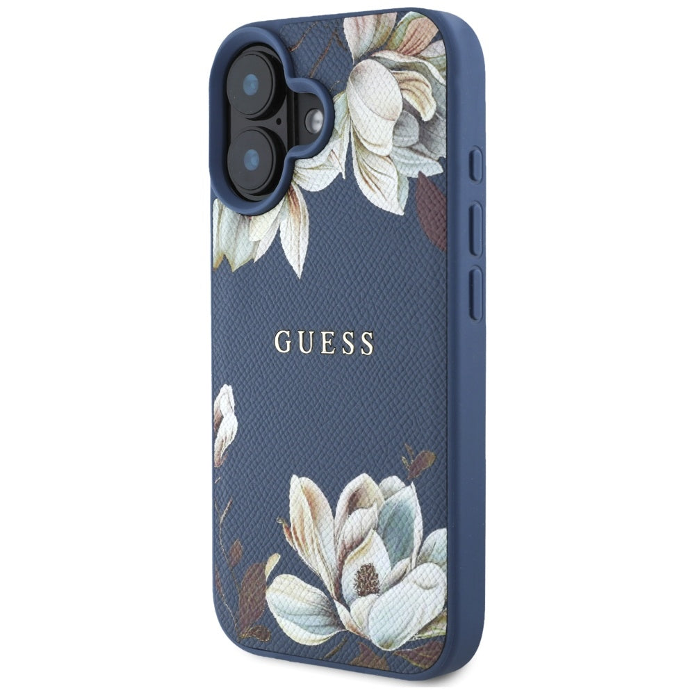 Pouzdro MagSafe pro Apple iPhone 16, Guess, Grained Flowers, Modrá