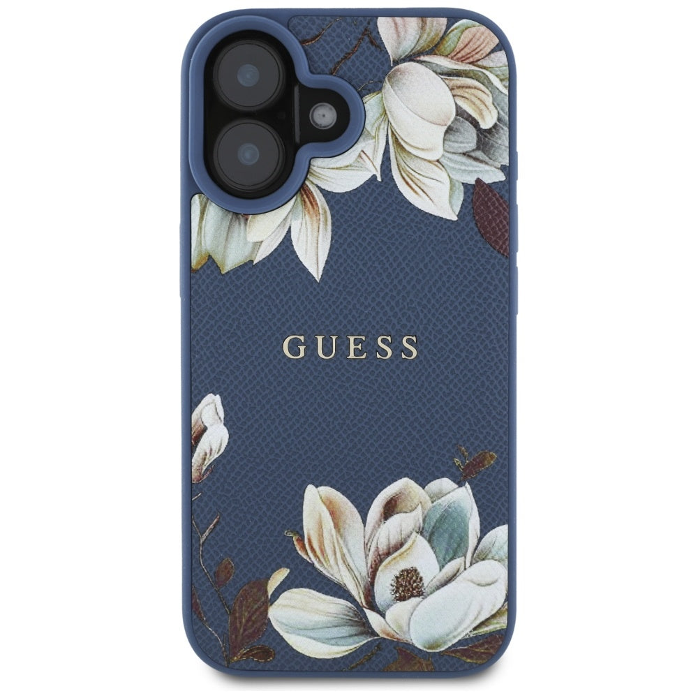Pouzdro MagSafe pro Apple iPhone 16, Guess, Grained Flowers, Modrá