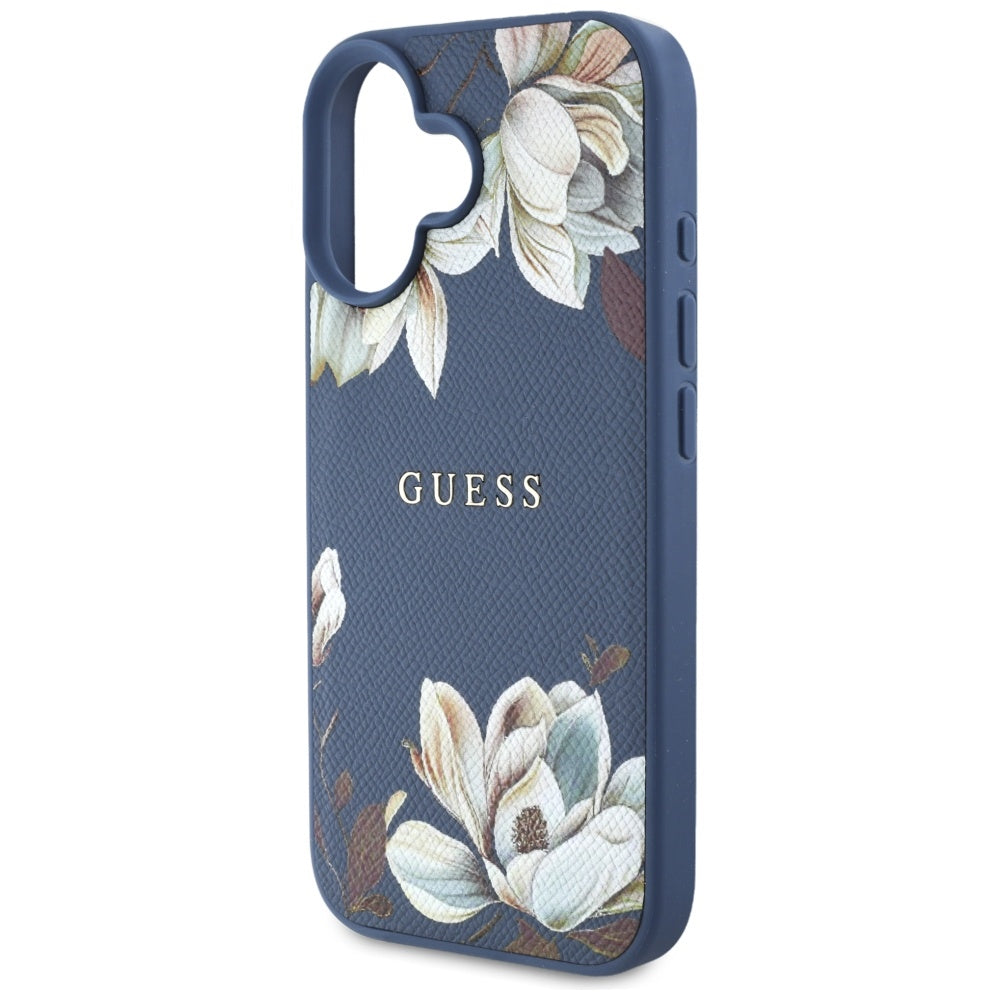 Pouzdro MagSafe pro Apple iPhone 16, Guess, Grained Flowers, Modrá