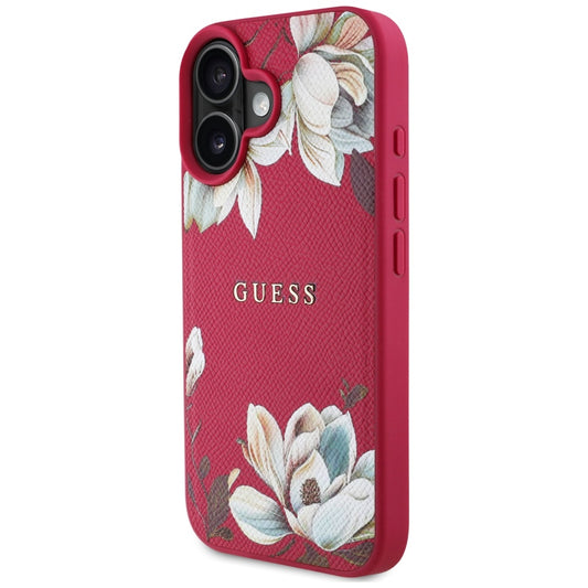 Pouzdro MagSafe pro Apple iPhone 16, Guess, Grained Flowers, Fuchsiová