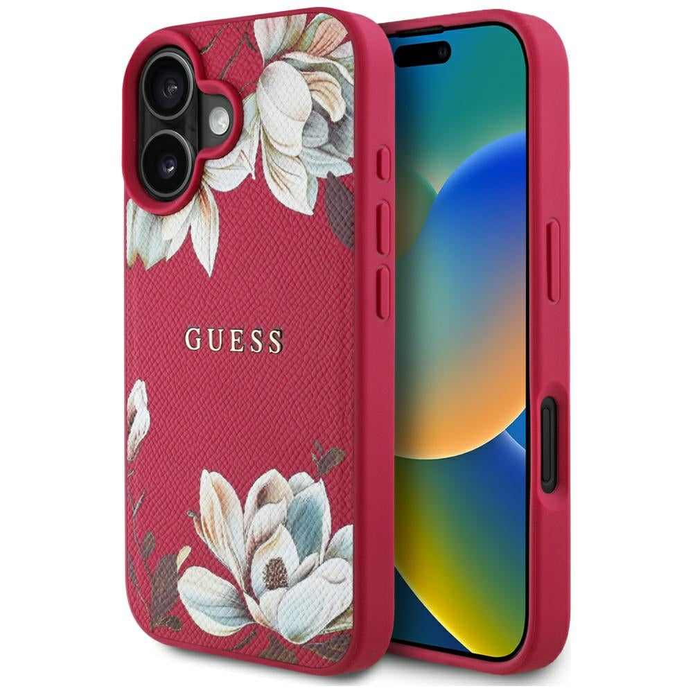 Pouzdro MagSafe pro Apple iPhone 16, Guess, Grained Flowers, Fuchsiová