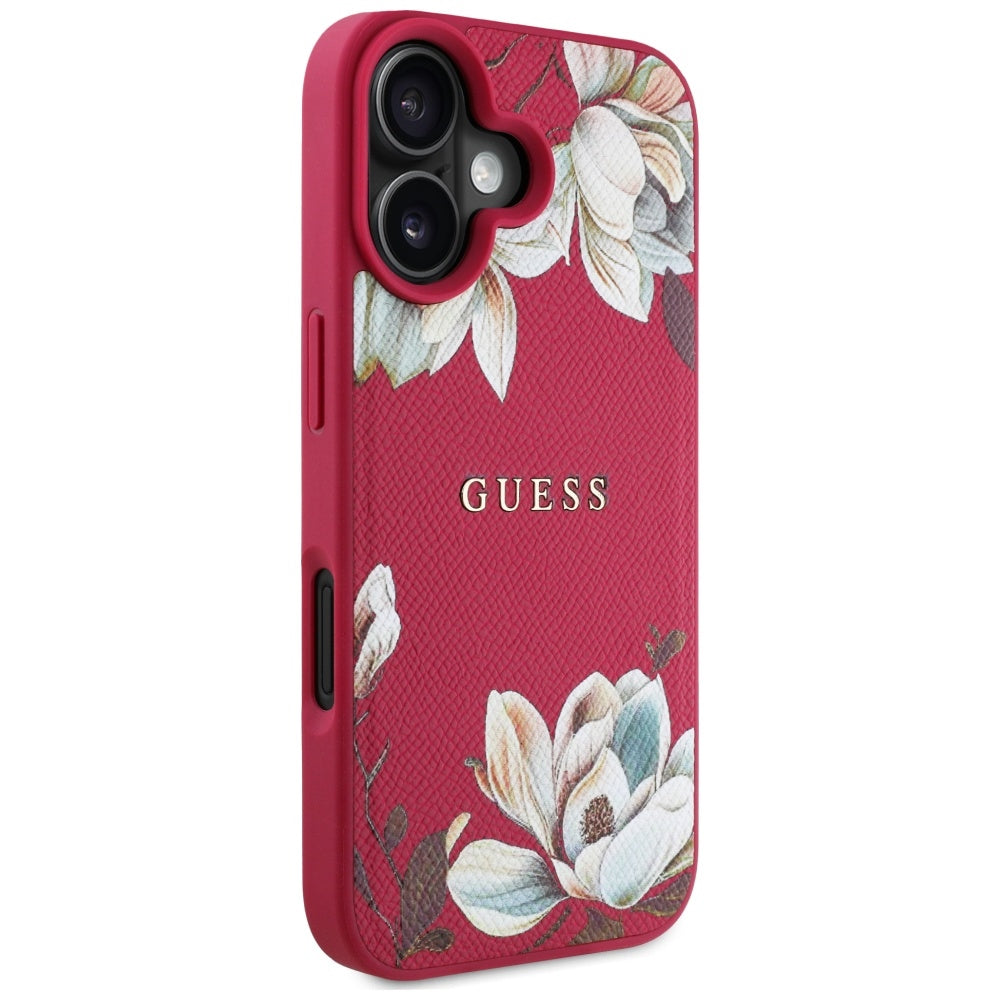 Pouzdro MagSafe pro Apple iPhone 16, Guess, Grained Flowers, Fuchsiová