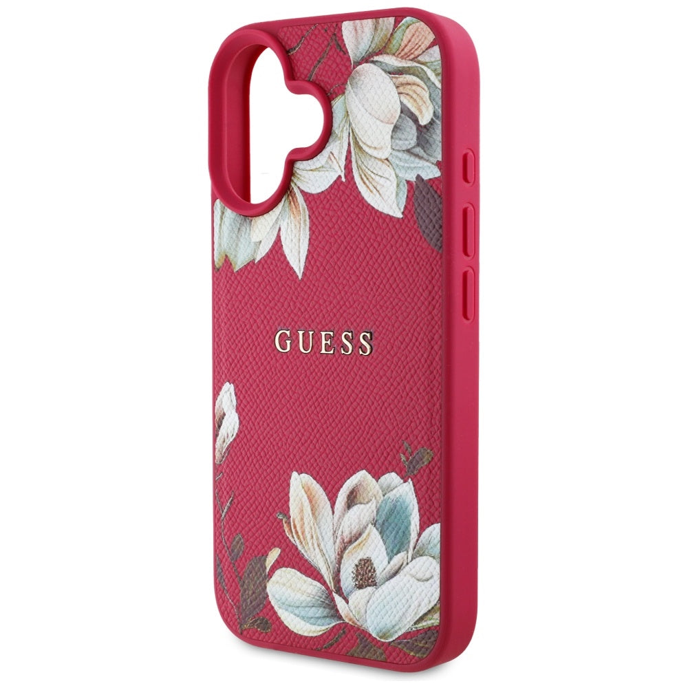 Pouzdro MagSafe pro Apple iPhone 16, Guess, Grained Flowers, Fuchsiová