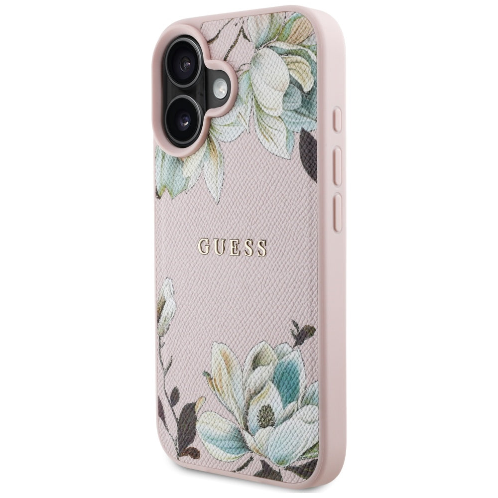 Pouzdro MagSafe pro Apple iPhone 16, Guess, Grained Flowers, Růžová