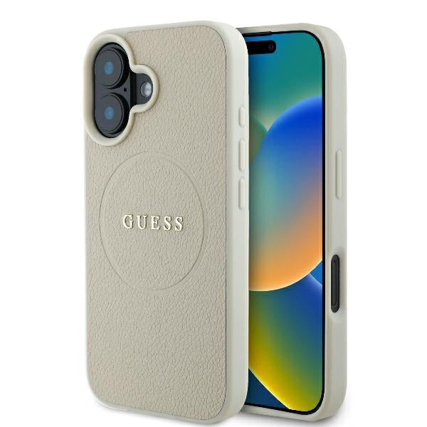 Pouzdro MagSafe pro Apple iPhone 16, Guess, Grained Gold Ring, Bežové