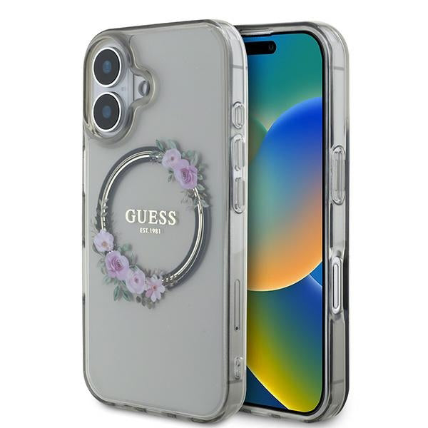 Pouzdro MagSafe pro Apple iPhone 16, Guess, IML Flowers Wreath, Černá