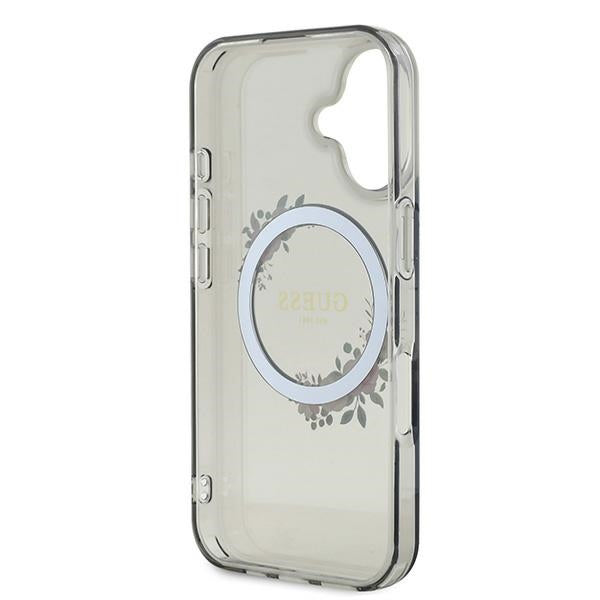 Pouzdro MagSafe pro Apple iPhone 16, Guess, IML Flowers Wreath, Černá