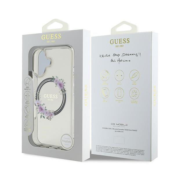 Pouzdro MagSafe pro Apple iPhone 16, Guess, IML Flowers Wreath, Černá