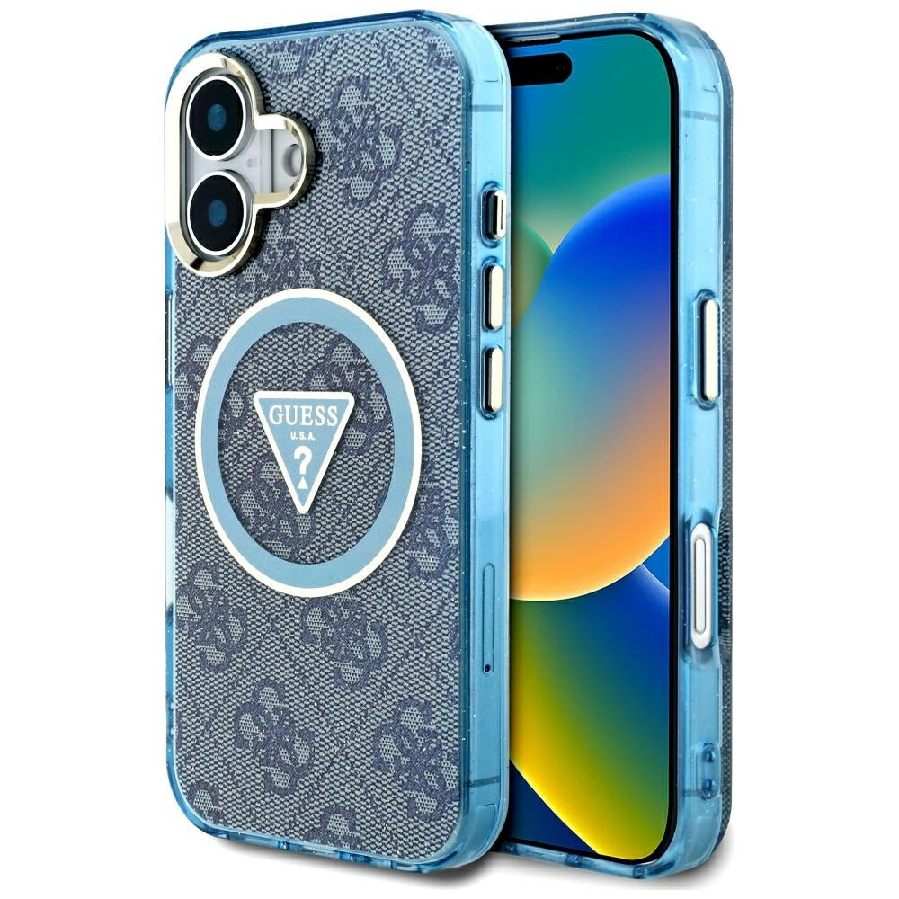 Pouzdro MagSafe pro Apple iPhone 16, Guess, IML Glitter 4G Circle Triangle, Modrá