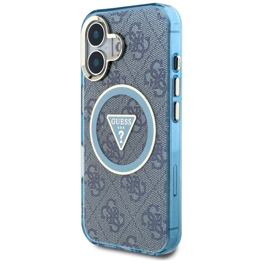 Pouzdro MagSafe pro Apple iPhone 16, Guess, IML Glitter 4G Circle Triangle, Modrá