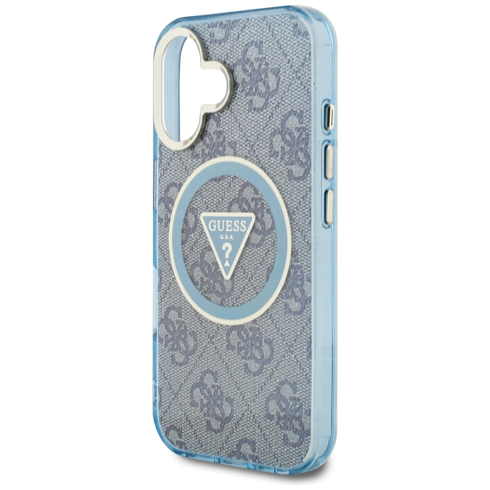 Pouzdro MagSafe pro Apple iPhone 16, Guess, IML Glitter 4G Circle Triangle, Modrá