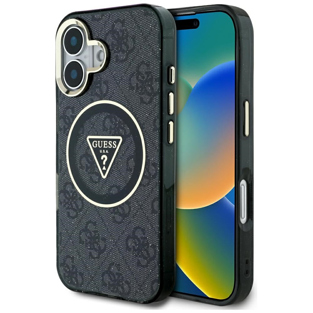 Pouzdro MagSafe pro Apple iPhone 16, Guess, IML Glitter 4G Circle Triangle, Černá