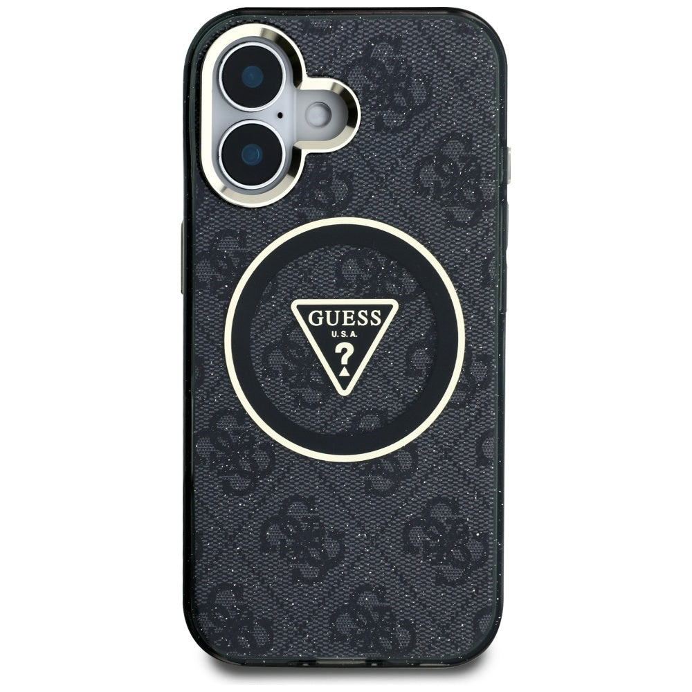 Pouzdro MagSafe pro Apple iPhone 16, Guess, IML Glitter 4G Circle Triangle, Černá