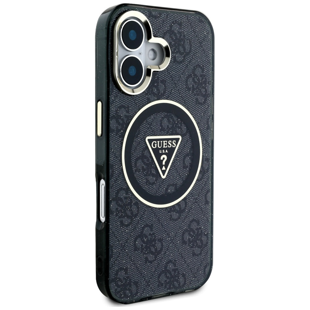 Pouzdro MagSafe pro Apple iPhone 16, Guess, IML Glitter 4G Circle Triangle, Černá