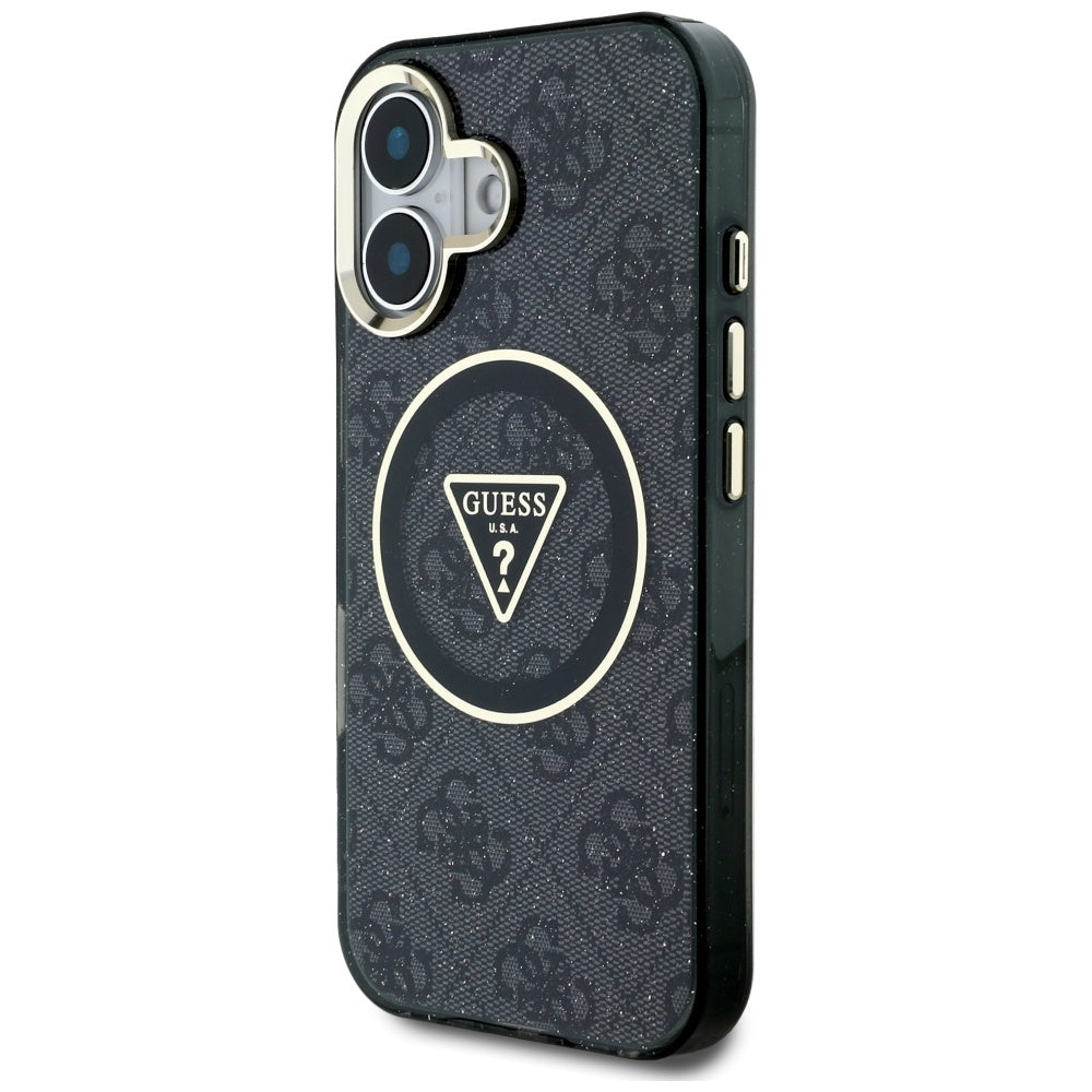 Pouzdro MagSafe pro Apple iPhone 16, Guess, IML Glitter 4G Circle Triangle, Černá