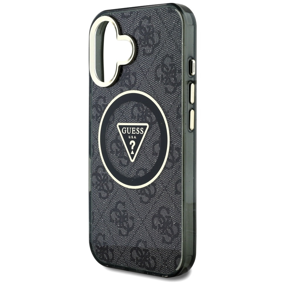 Pouzdro MagSafe pro Apple iPhone 16, Guess, IML Glitter 4G Circle Triangle, Černá