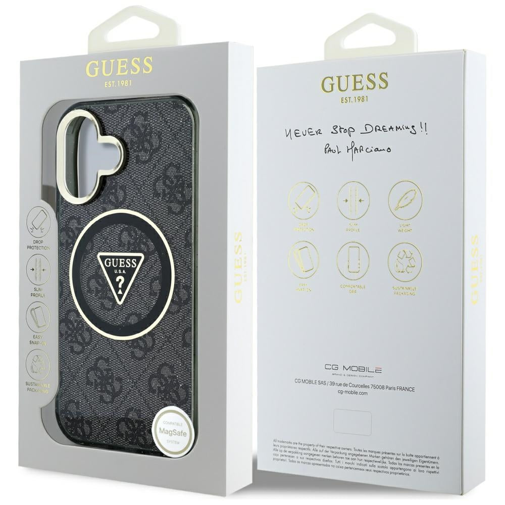 Pouzdro MagSafe pro Apple iPhone 16, Guess, IML Glitter 4G Circle Triangle, Černá