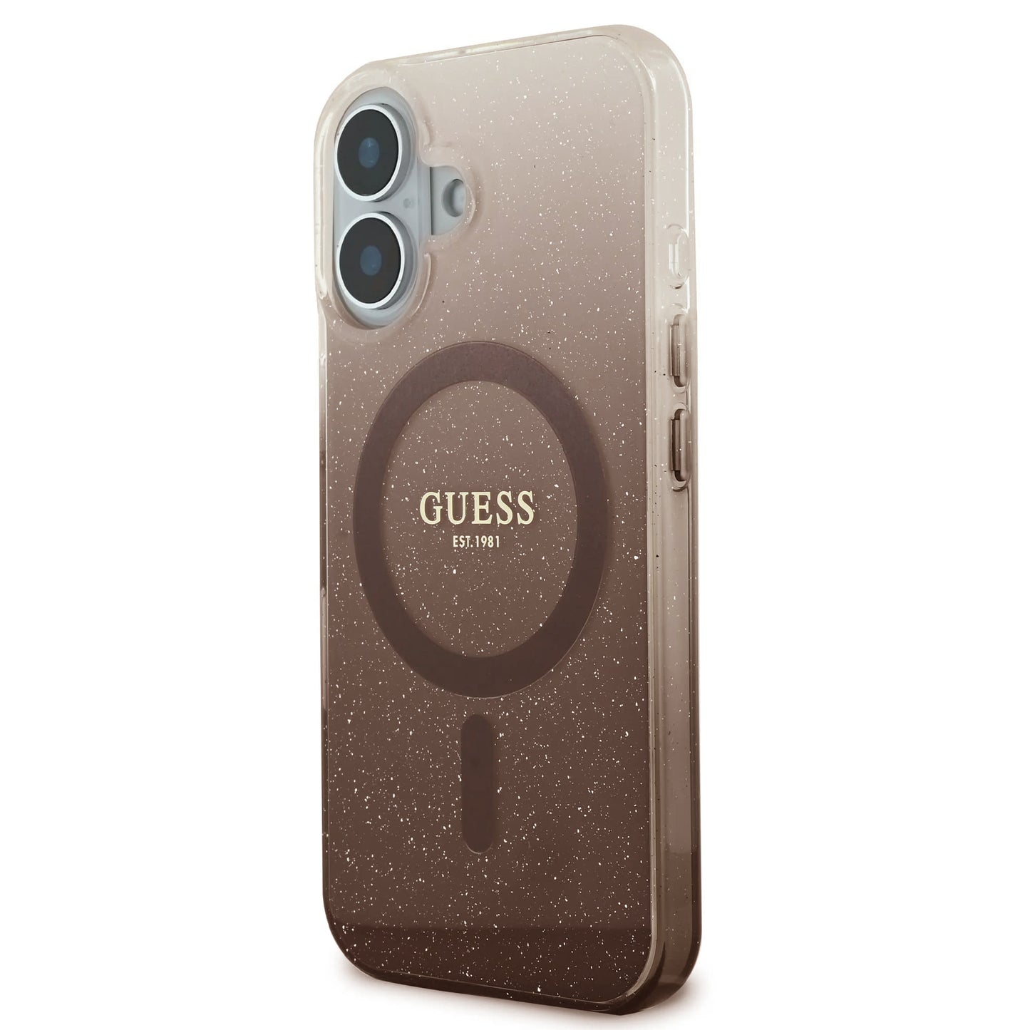 Pouzdro MagSafe pro Apple iPhone 16, Guess, IML Glitter Gradient, Hnědá