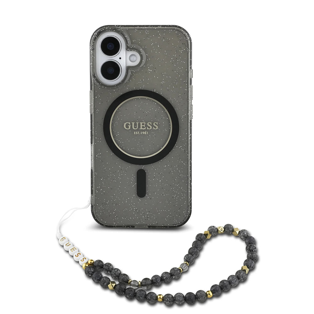 Pouzdro MagSafe pro Apple iPhone 16, Guess, IML Glitter with Pearl Strap, Černá