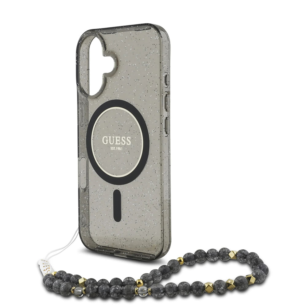 Pouzdro MagSafe pro Apple iPhone 16, Guess, IML Glitter with Pearl Strap, Černá
