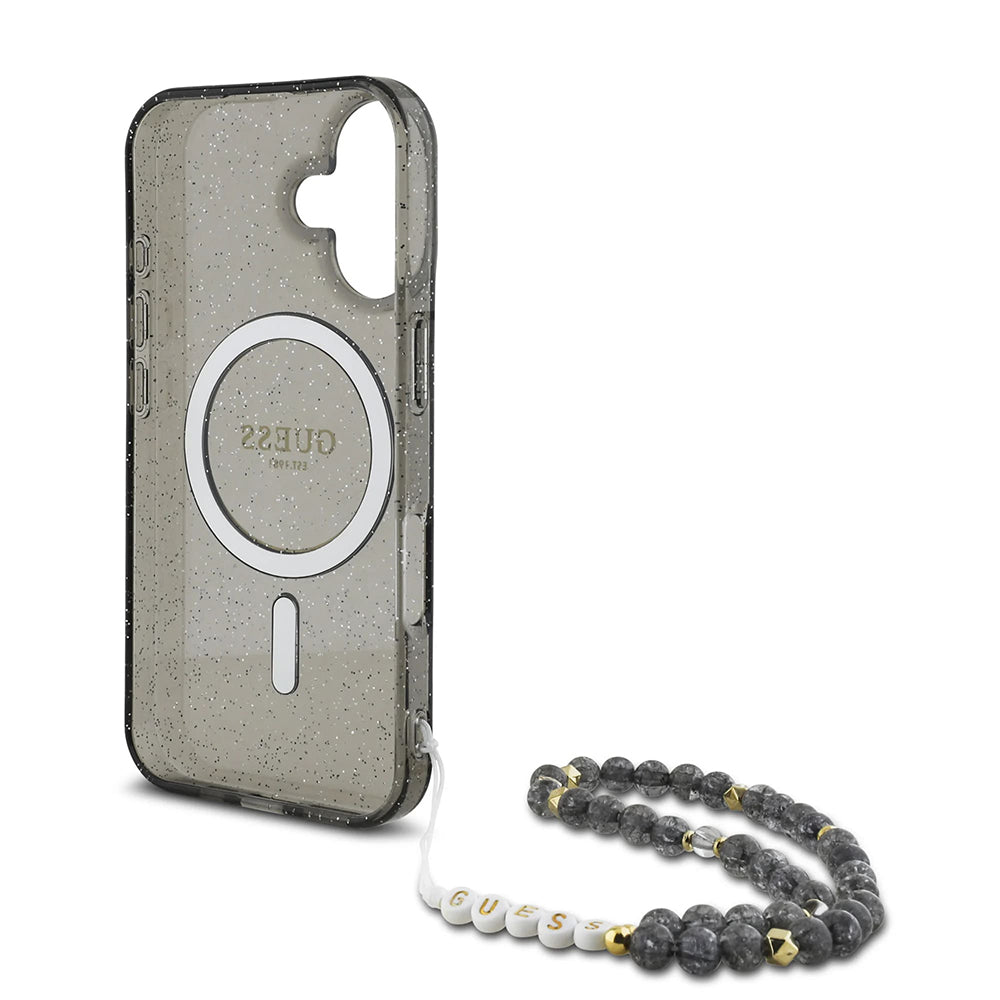Pouzdro MagSafe pro Apple iPhone 16, Guess, IML Glitter with Pearl Strap, Černá