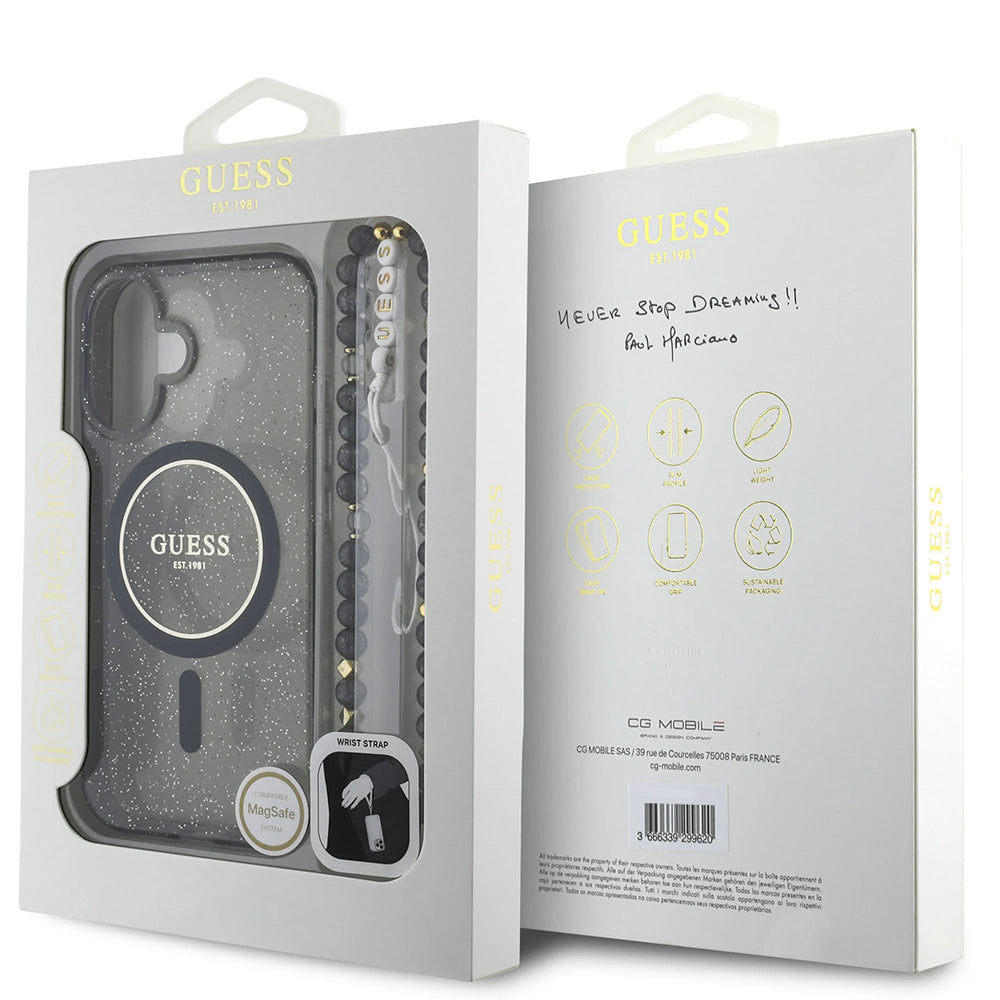 Pouzdro MagSafe pro Apple iPhone 16, Guess, IML Glitter with Pearl Strap, Černá