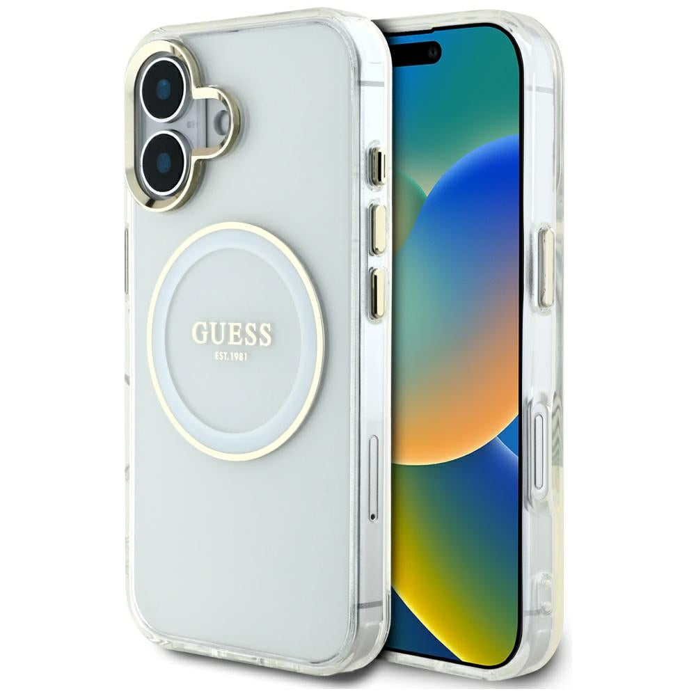 Pouzdro MagSafe pro Apple iPhone 16, Guess, IML Metal Colored Circle, Bílá