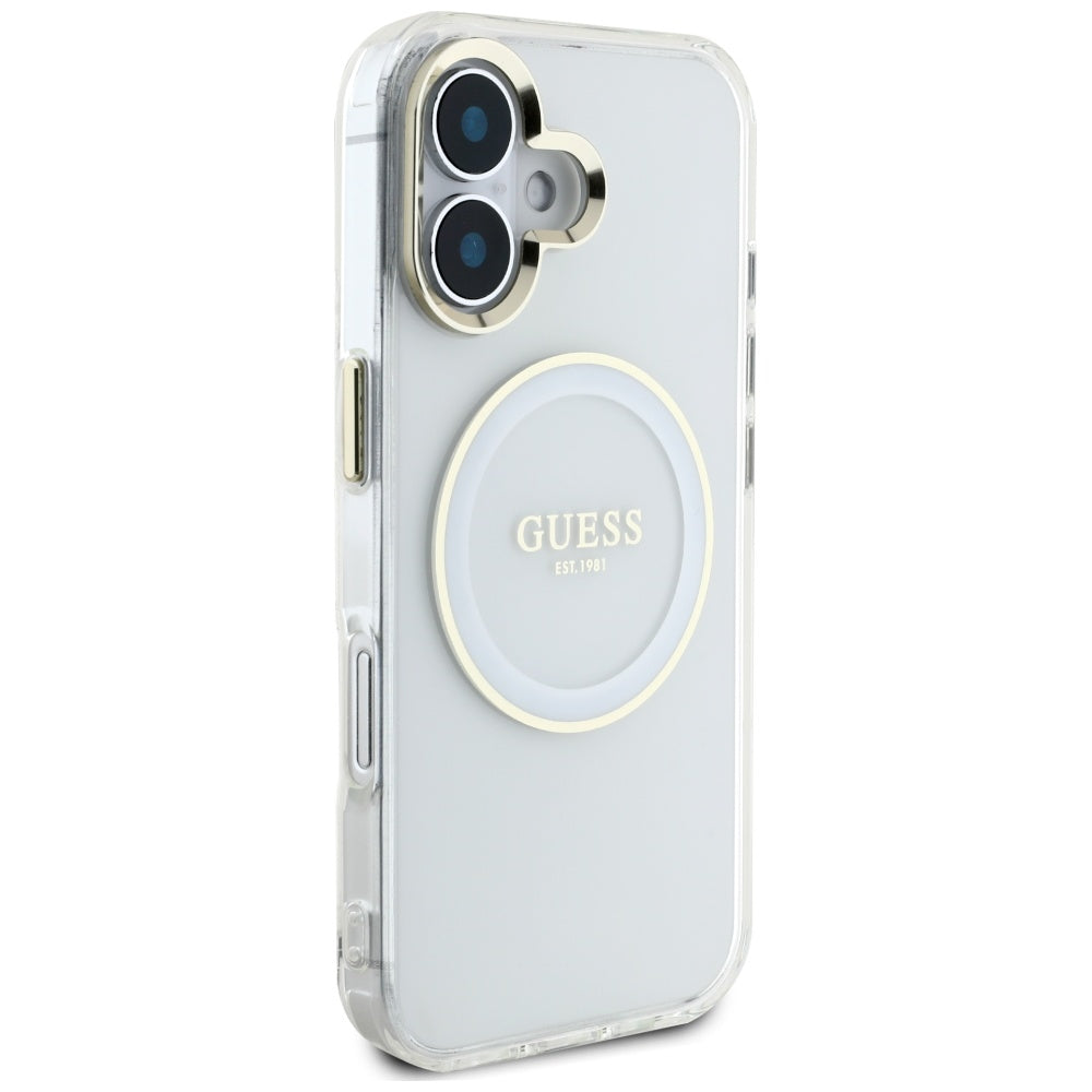 Pouzdro MagSafe pro Apple iPhone 16, Guess, IML Metal Colored Circle, Bílá