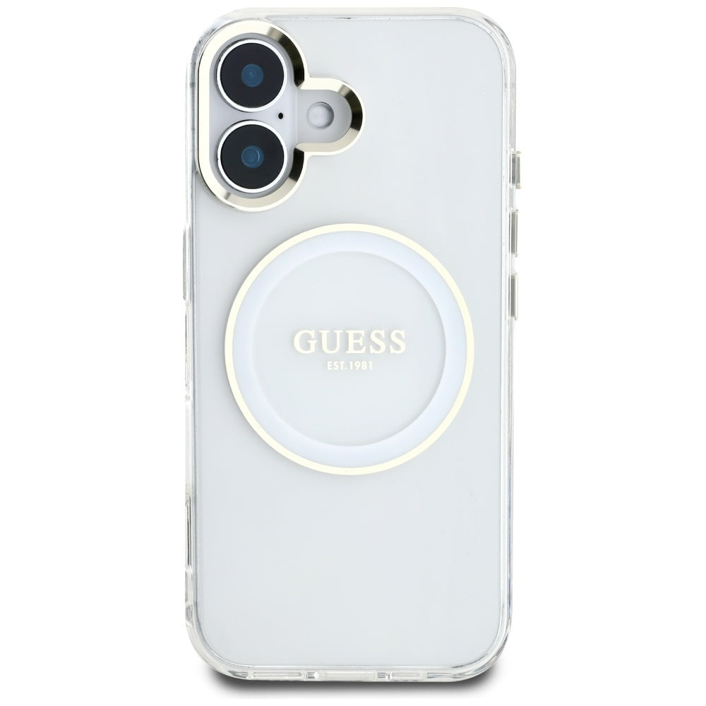 Pouzdro MagSafe pro Apple iPhone 16, Guess, IML Metal Colored Circle, Bílá