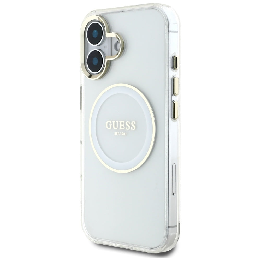 Pouzdro MagSafe pro Apple iPhone 16, Guess, IML Metal Colored Circle, Bílá