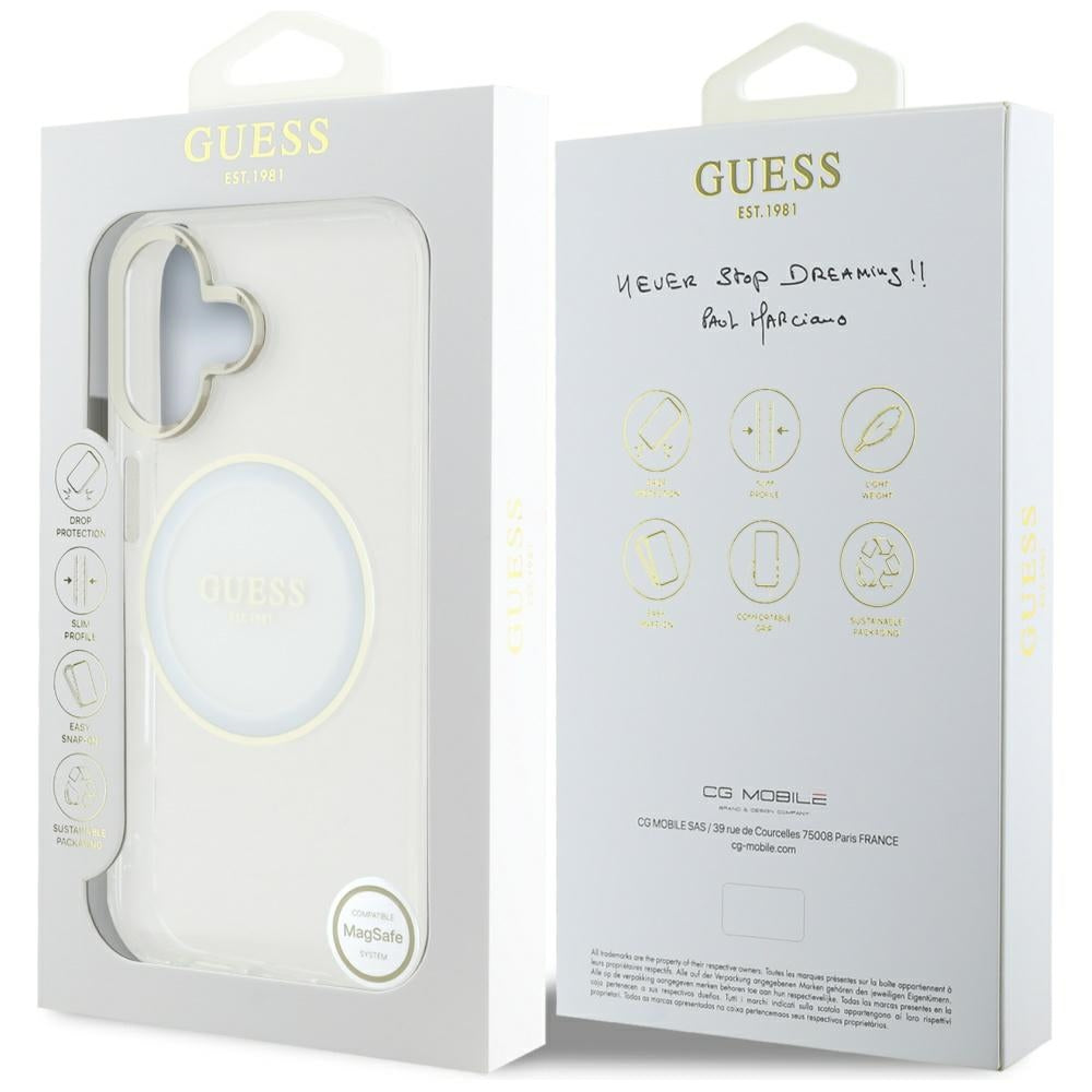 Pouzdro MagSafe pro Apple iPhone 16, Guess, IML Metal Colored Circle, Bílá