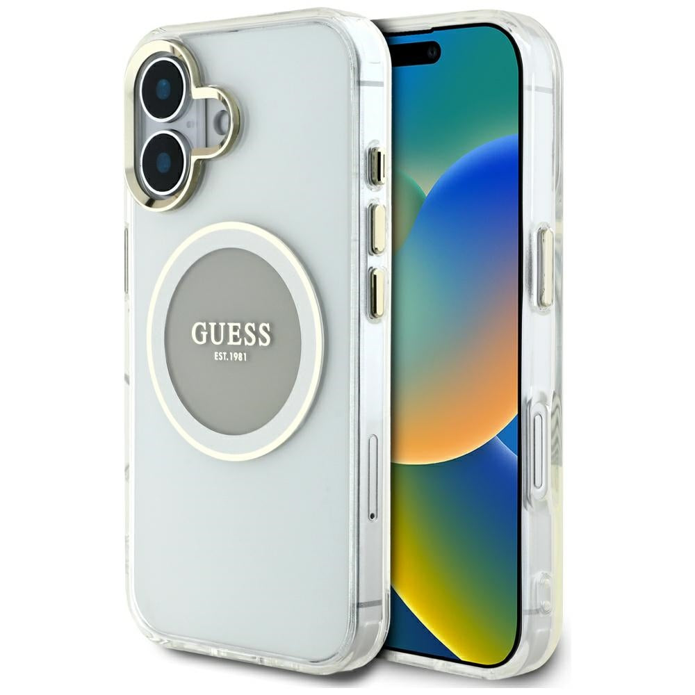 Pouzdro MagSafe pro Apple iPhone 16, Guess, IML Metal Colored Circle, šedé
