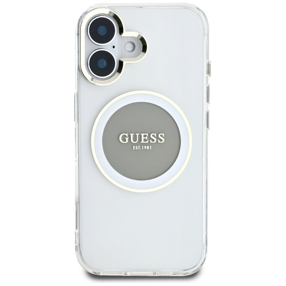Pouzdro MagSafe pro Apple iPhone 16, Guess, IML Metal Colored Circle, šedé