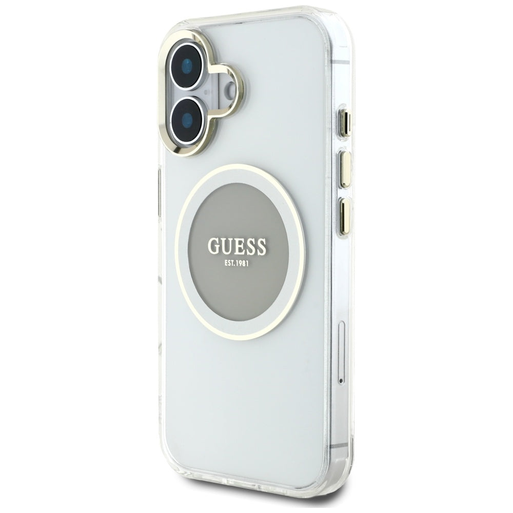 Pouzdro MagSafe pro Apple iPhone 16, Guess, IML Metal Colored Circle, šedé