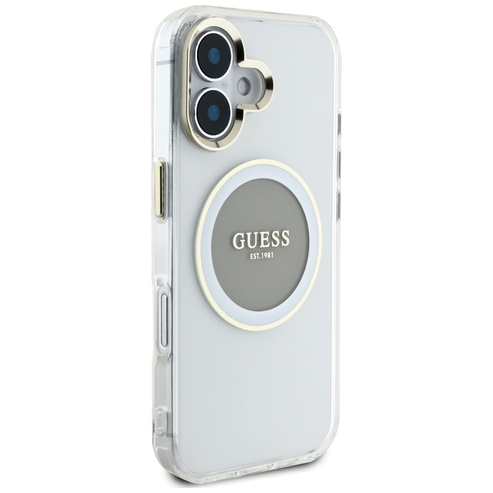 Pouzdro MagSafe pro Apple iPhone 16, Guess, IML Metal Colored Circle, šedé