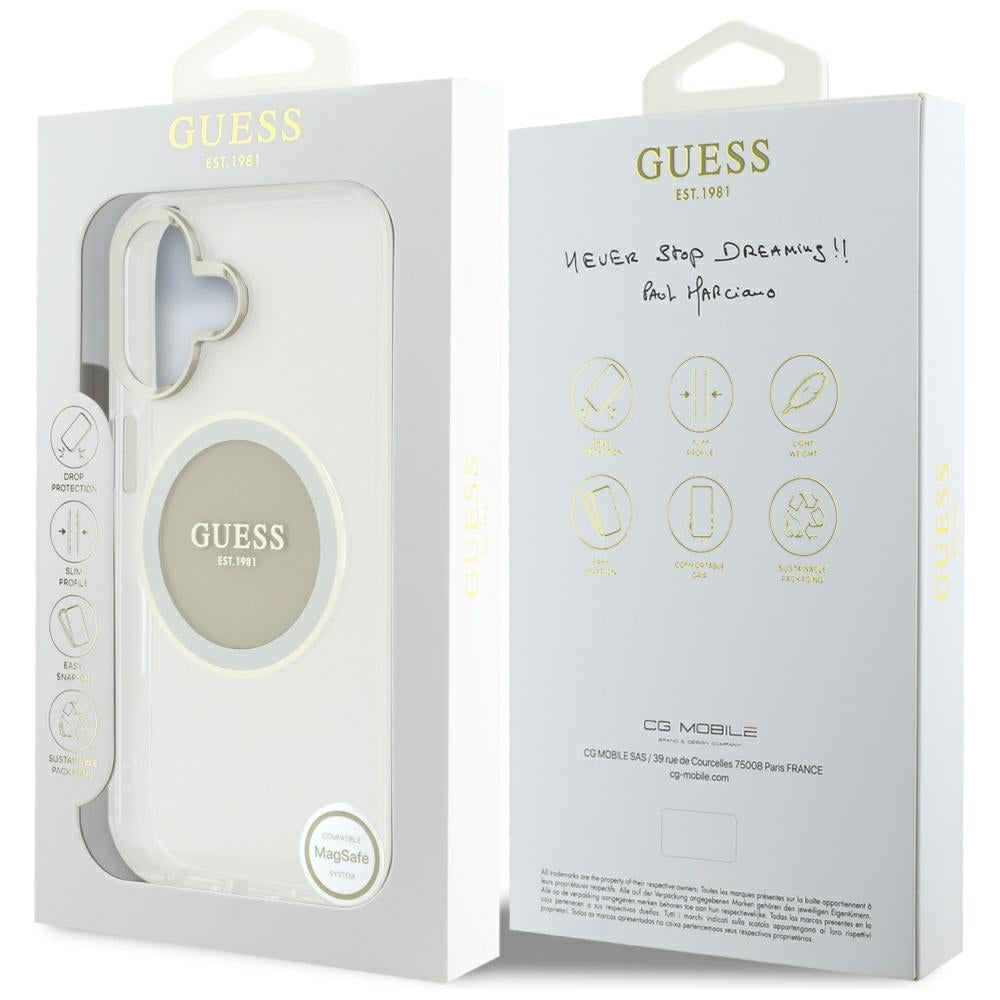 Pouzdro MagSafe pro Apple iPhone 16, Guess, IML Metal Colored Circle, šedé