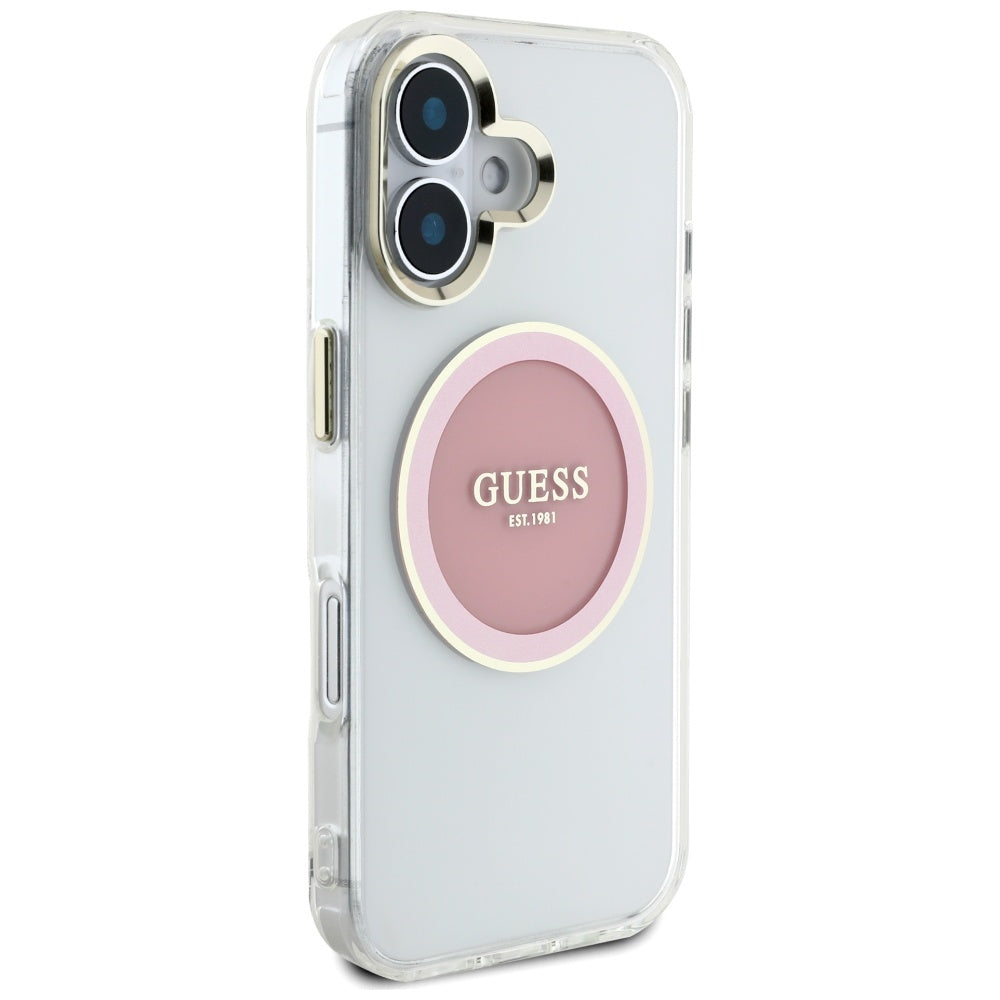 Pouzdro MagSafe pro Apple iPhone 16, Guess, IML Metal Colored Circle, Růžové