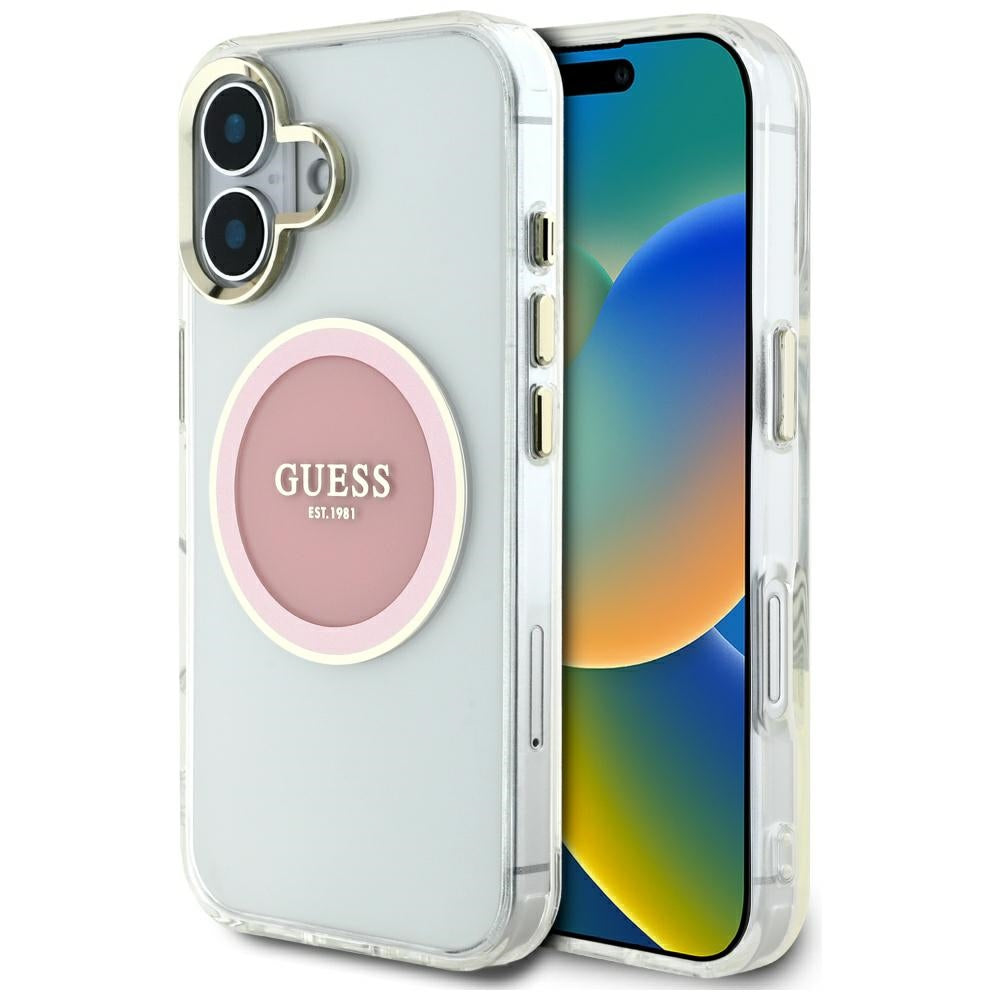 Pouzdro MagSafe pro Apple iPhone 16, Guess, IML Metal Colored Circle, Růžové