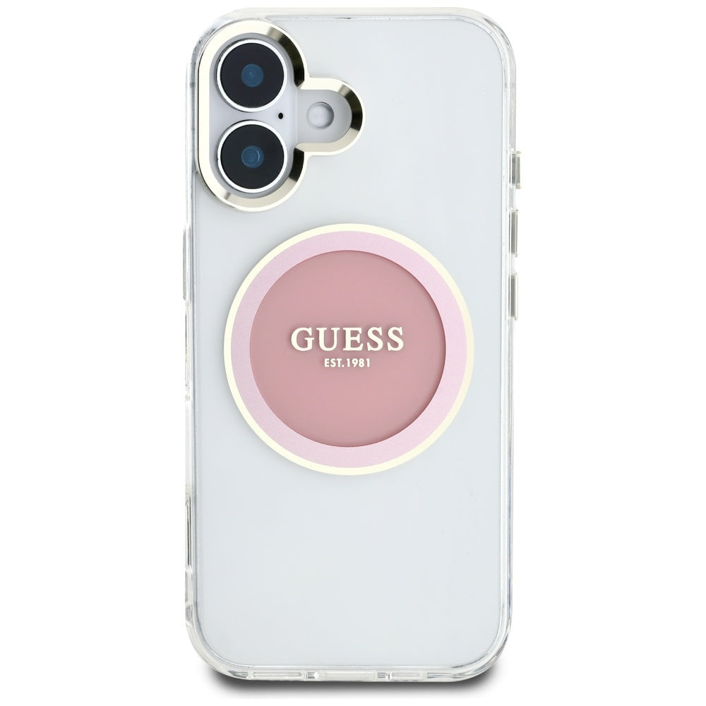 Pouzdro MagSafe pro Apple iPhone 16, Guess, IML Metal Colored Circle, Růžové
