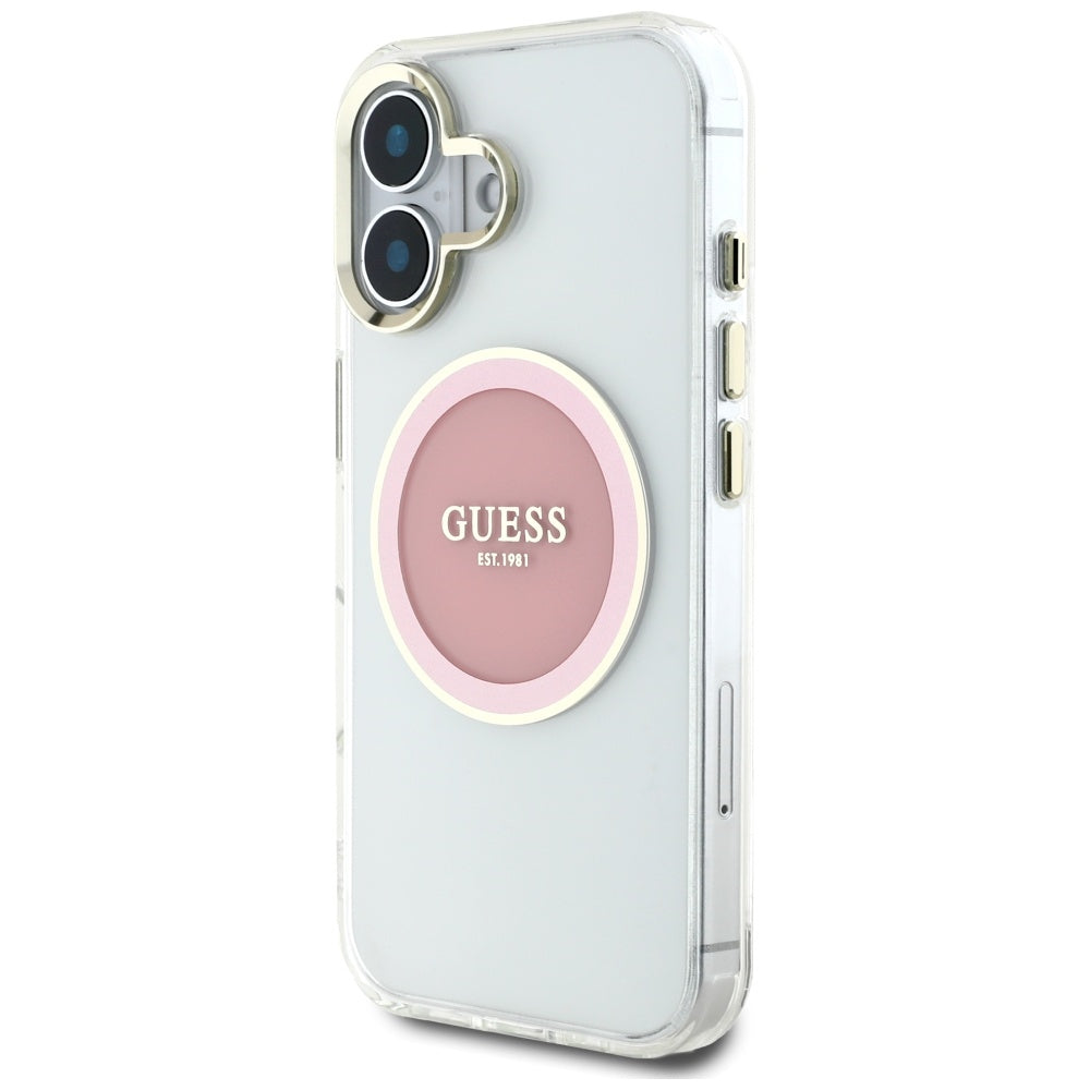 Pouzdro MagSafe pro Apple iPhone 16, Guess, IML Metal Colored Circle, Růžové