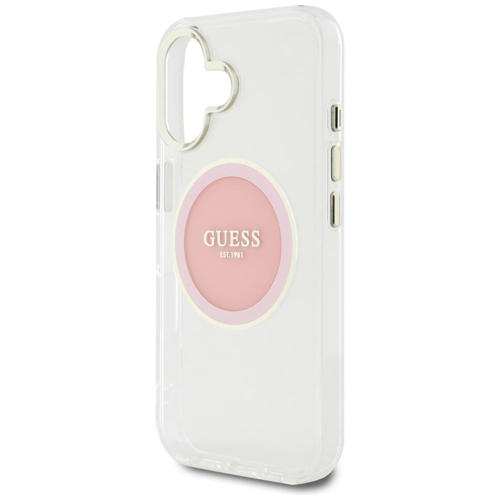 Pouzdro MagSafe pro Apple iPhone 16, Guess, IML Metal Colored Circle, Růžové