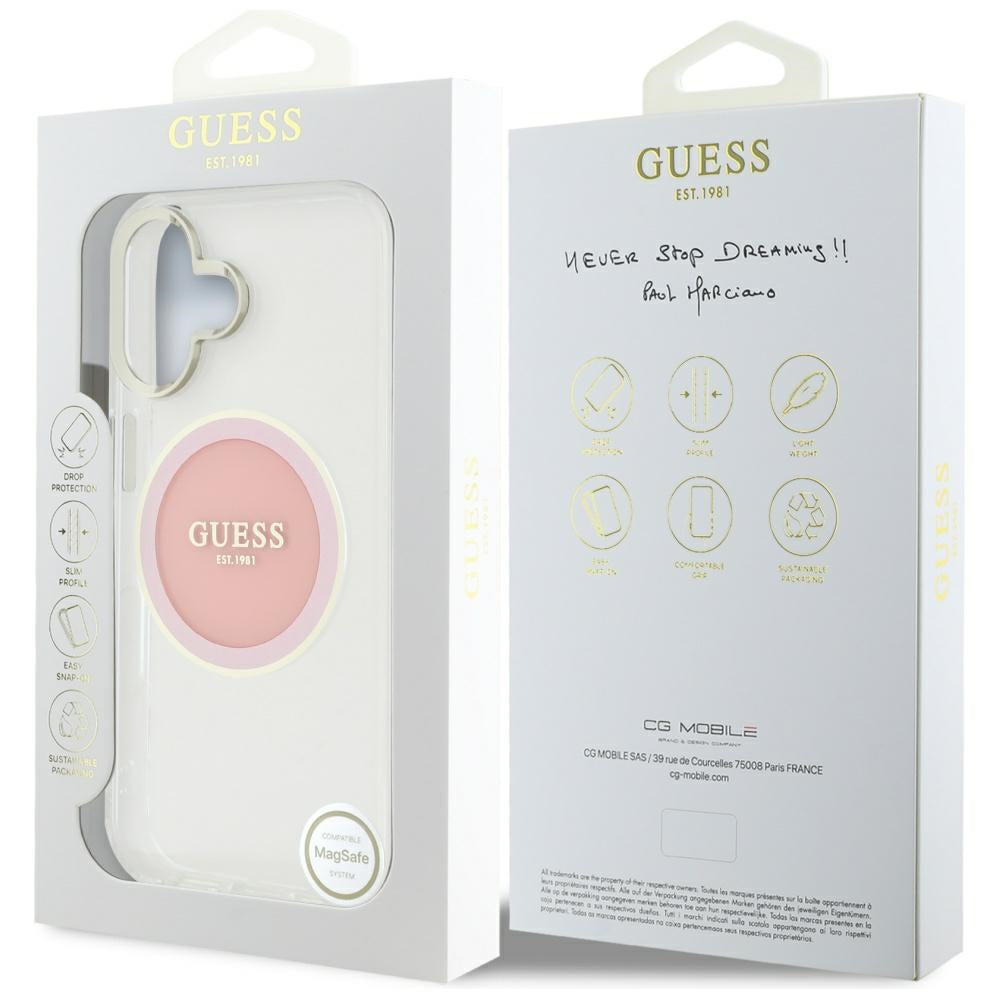 Pouzdro MagSafe pro Apple iPhone 16, Guess, IML Metal Colored Circle, Růžové