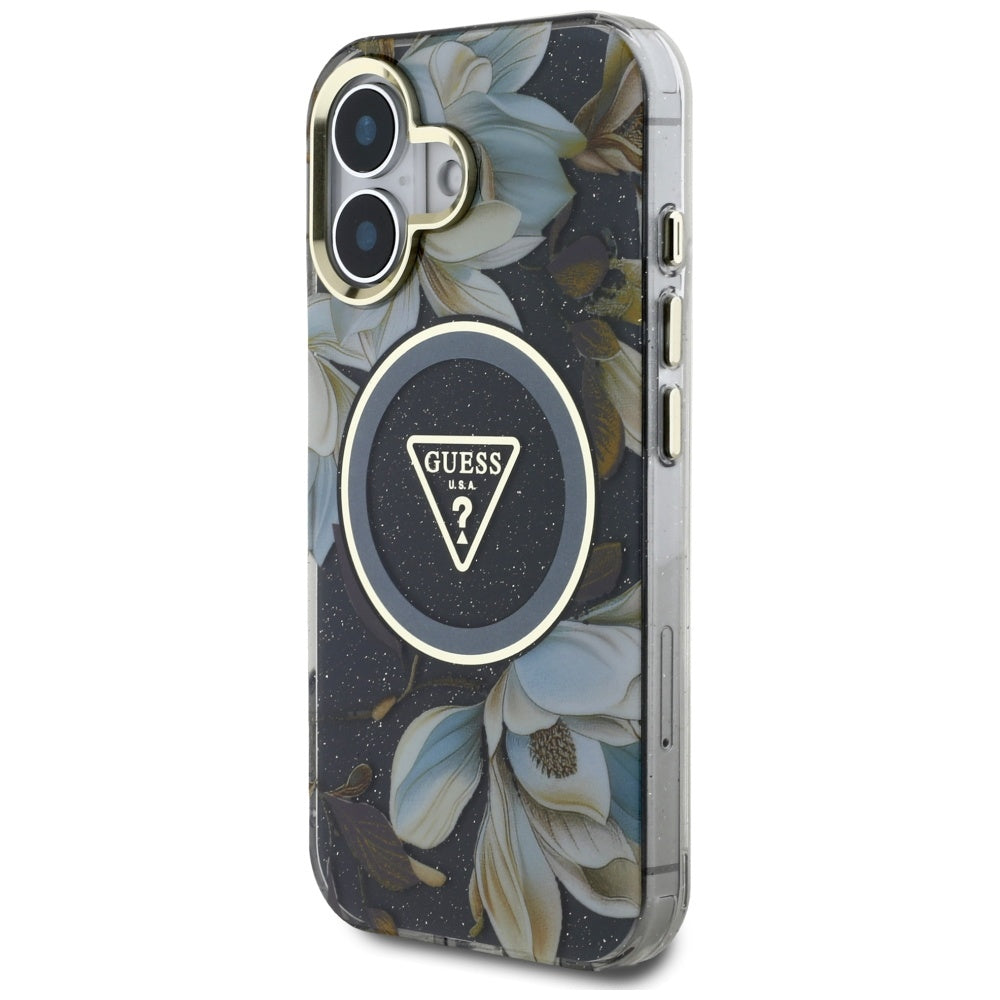Pouzdro MagSafe pro Apple iPhone 16, Guess, IML Metal Glitter Flowers Triangle, Černá