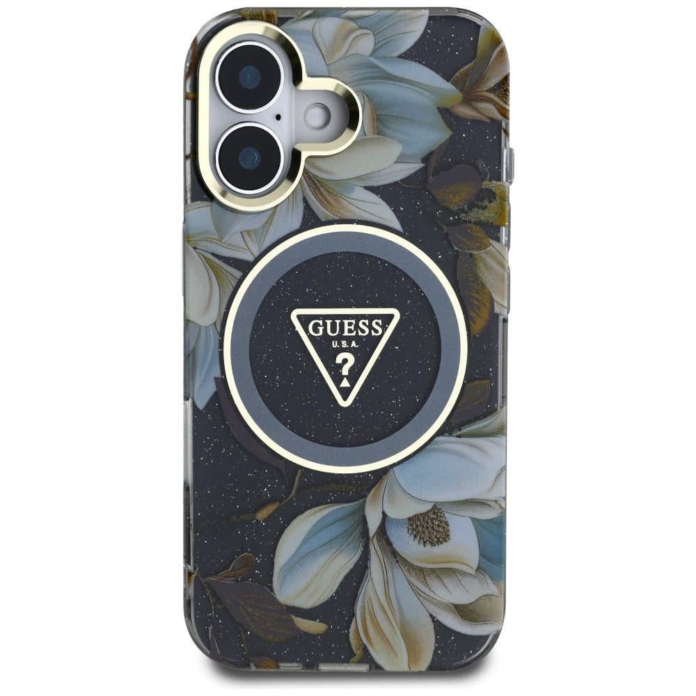 Pouzdro MagSafe pro Apple iPhone 16, Guess, IML Metal Glitter Flowers Triangle, Černá