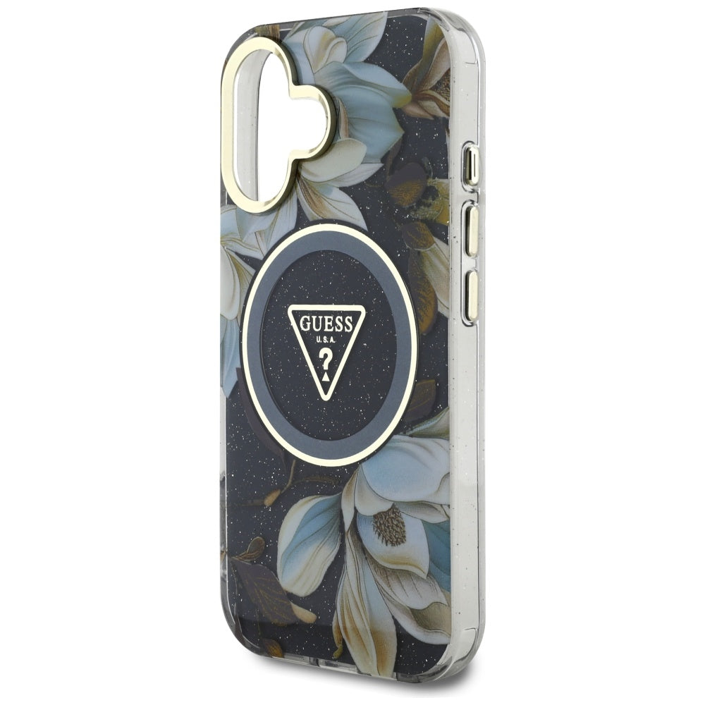 Pouzdro MagSafe pro Apple iPhone 16, Guess, IML Metal Glitter Flowers Triangle, Černá