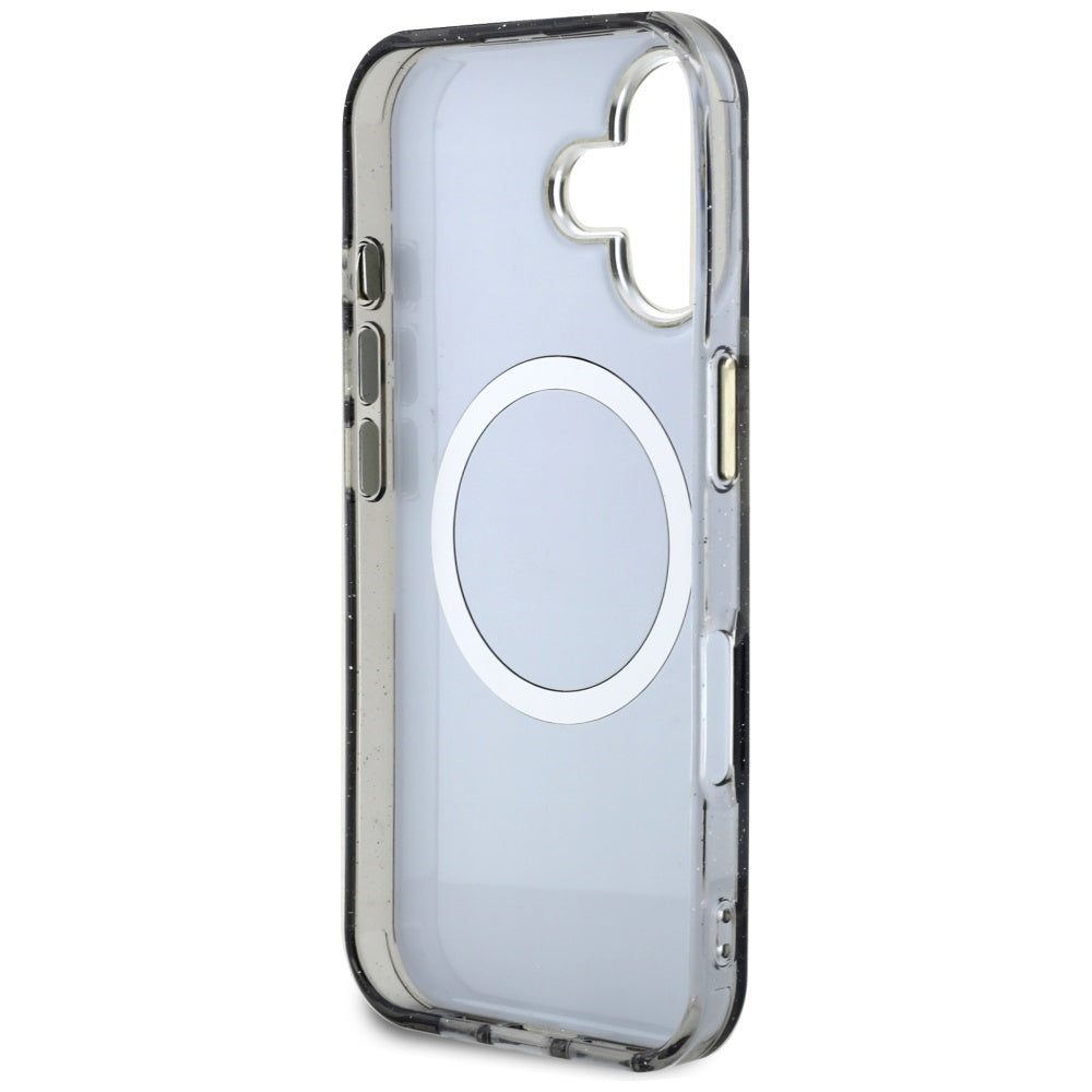 Pouzdro MagSafe pro Apple iPhone 16, Guess, IML Metal Glitter Flowers Triangle, Černá