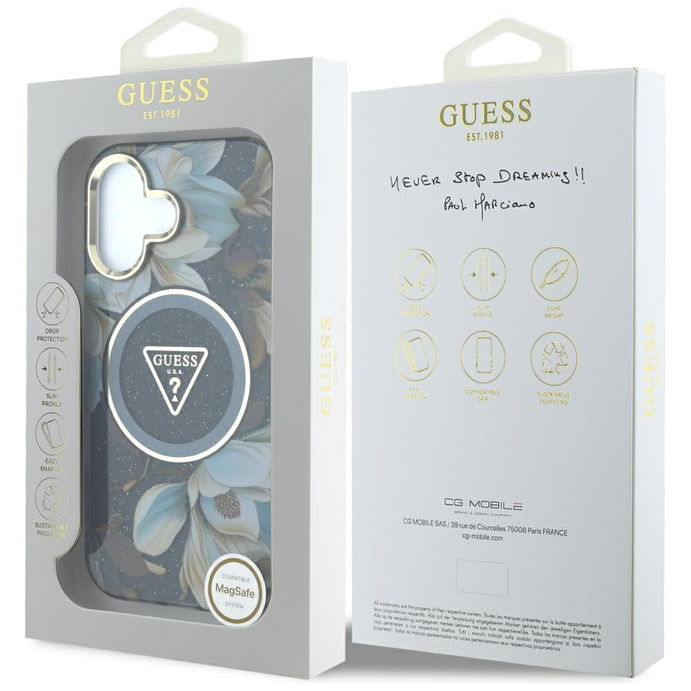 Pouzdro MagSafe pro Apple iPhone 16, Guess, IML Metal Glitter Flowers Triangle, Černá
