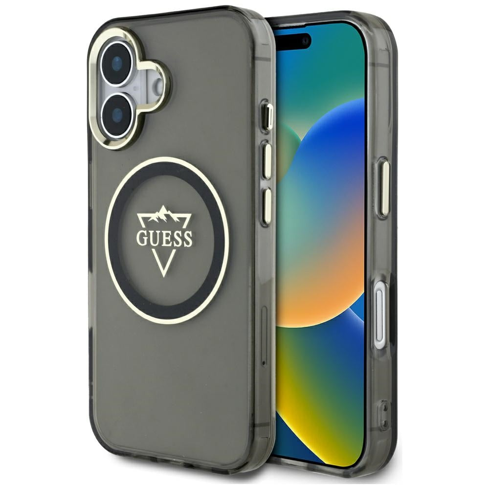Pouzdro MagSafe pro Apple iPhone 16, Guess, IML Metal Mountain Logo, Černá