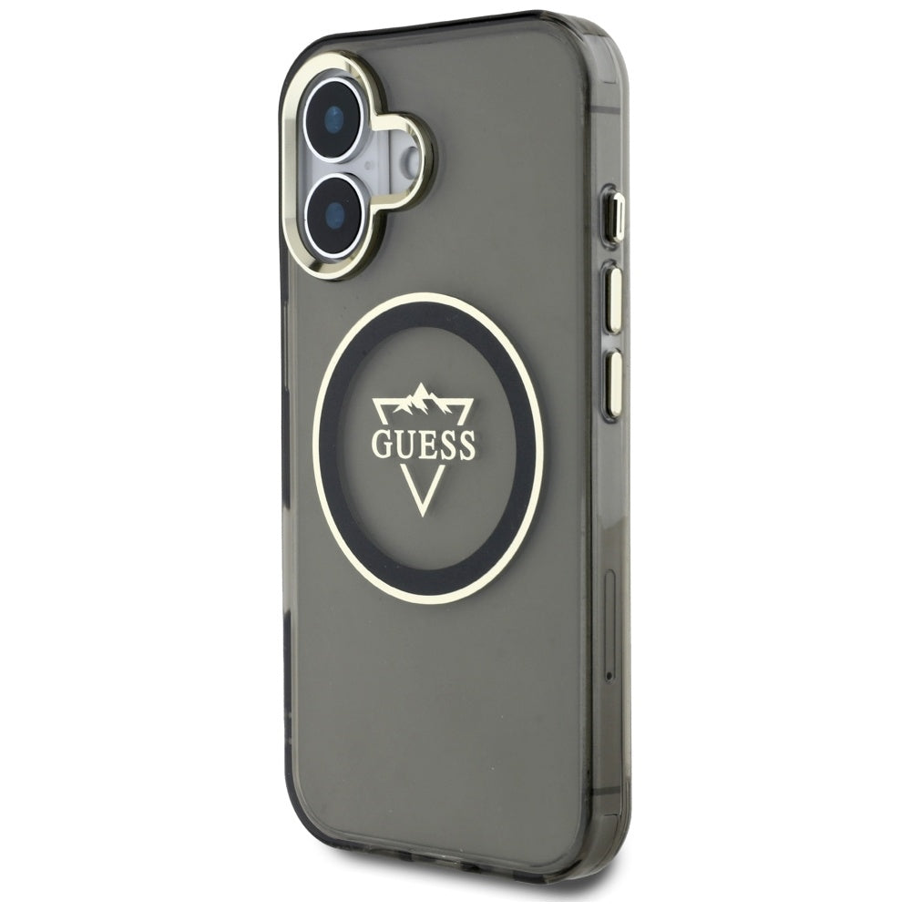 Pouzdro MagSafe pro Apple iPhone 16, Guess, IML Metal Mountain Logo, Černá